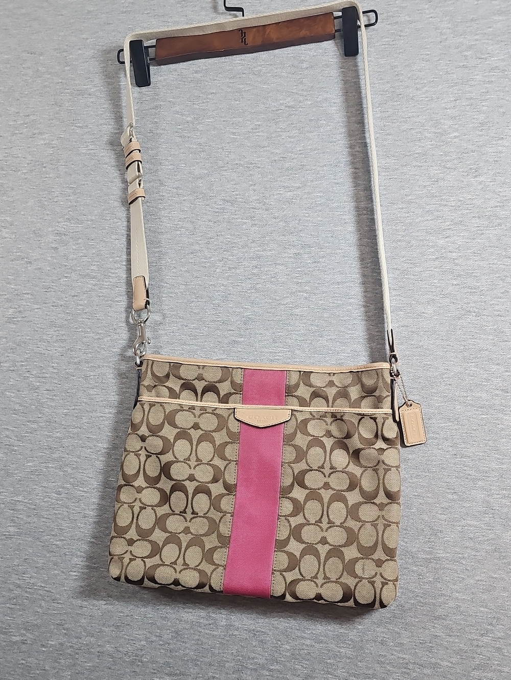 Coach Beige Signature Crossbody with Pink Center Stripe